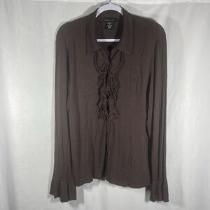CABLE & GAUGE brown ruffle flared cuffs jersey knit collared button up top XL